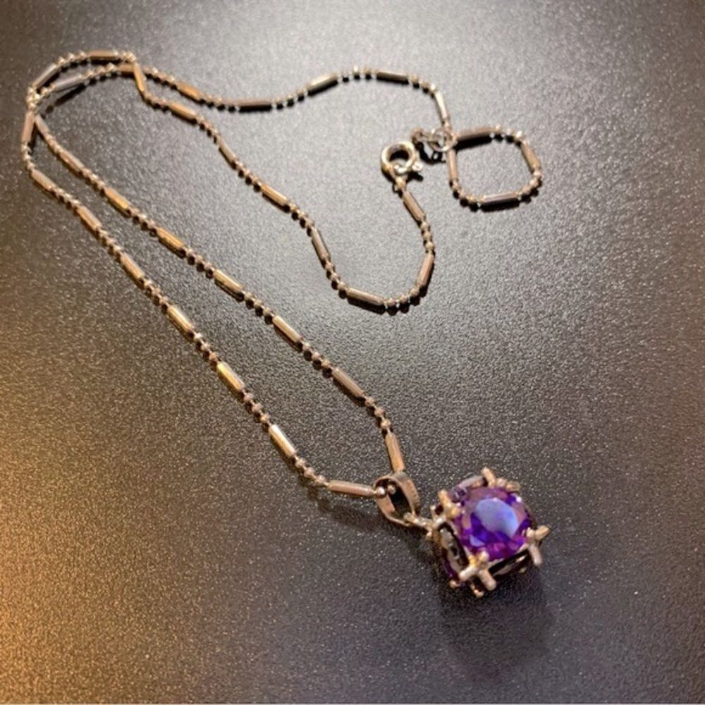 18kgp Chain Necklace & 4D Purple Faceted Glass Square Pendant 16” Gorgeous